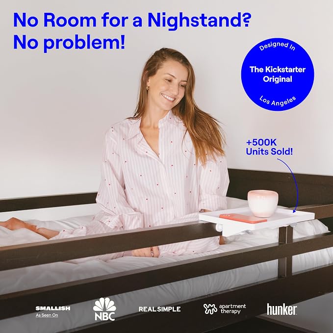 BedShelfie Bedside Shelf for Dorm Room Bunk Bed & Top Bunk, College Dorm Room Essentials, Bedside Caddy, Clip on Floating Desk Tray, Bed Side Table Storage, Loft Nightstand Decor - Cable Catch, White
