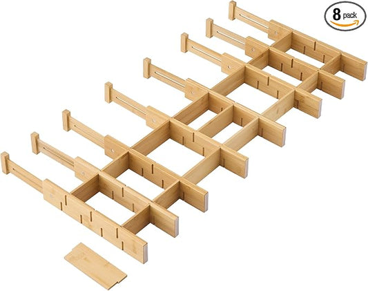 Bamboo Drawer Dividers with Inserts kitchen drawer organizer Adjustable Expandable 8 Pack Organizer Set for Kitchen Bedroom Bathroom Office 8 Dividers with 16 Inserts (Natural, Small (14-19IN))