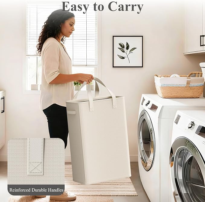 Optish 50L Slim Laundry Hamper, Baby Hamper for Nursery with Handles, Narrow Laundry Basket for Dorm, Bedroom, Living Room, Collapsible Laundry Basket, White