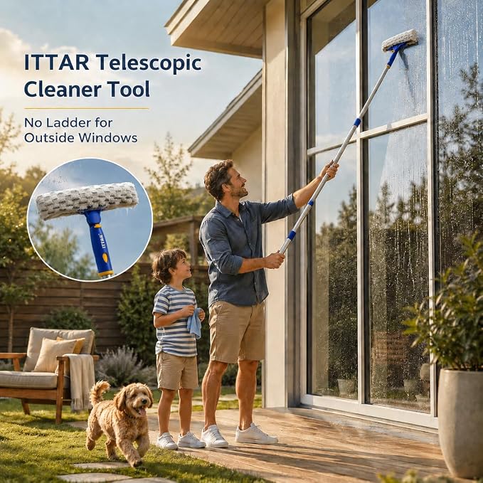 ITTAR Window Squeegee with 2 Sets Separate Pole, 12" Rubber Squeegee and 11" Microfiber Pads, 60"-73.6" Telescopic Window Cleaning Kit with Rotating Head for High Windows, Shower Glass, Car Windshield
