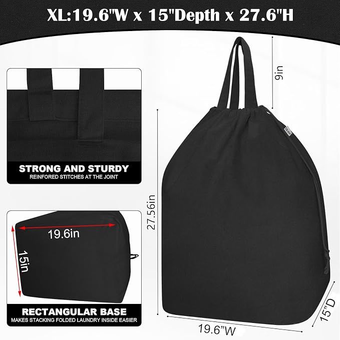Canvas Laundry Bags with Handles & Rectangular Base, 20"Wx15"Dx27.6"H Black | Extra Large Heavy Duty Laundry Basket Hamper Liner Replacement, Washable Drawstring Dirty Clothes Bag, canvas Storage Sack