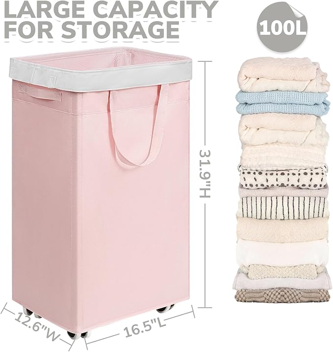 CHICVITA 100L Slim Collapsible Laundry Basket with Wheels, Pink | Rolling laundry basket for living room and college dorm. Folds flat for storage when not needed