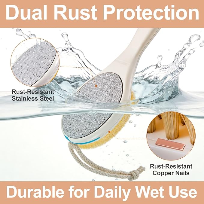 BUBBLEDANCE® Long Handle Foot Scrubber & Brush – 2-in-1 for Shower | Stainless steel removes calluses & rough heels; nylon bristles exfoliate feet; extendable 17.5"-31.9"; non-slip, rust-proof