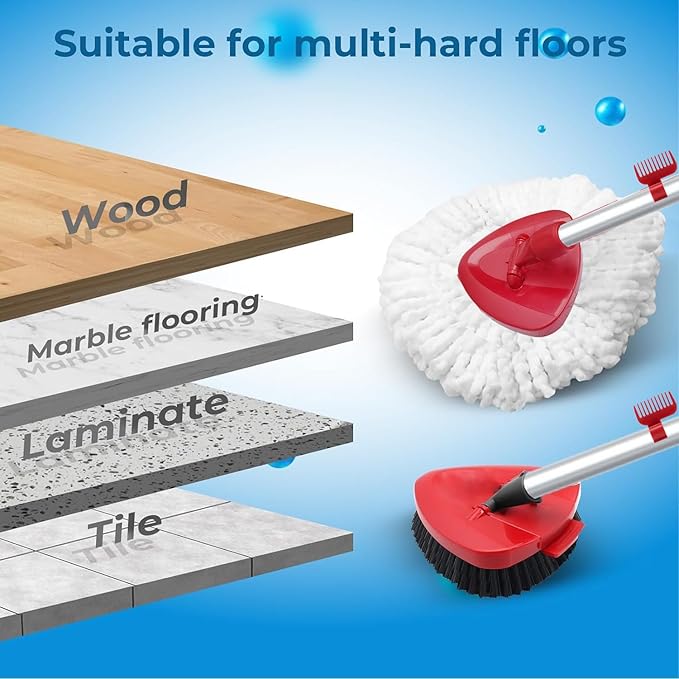 Spin Mop Replace Head Compatible with Ocedar EasyWring 1 Tank, Upgraded Scrub Brush Mop Replacement Head, 2 Microfiber Mop Refills, 1 Mop Handle, 1 Mop Base and 1 Mop Base Cleaning Brush Combo Set