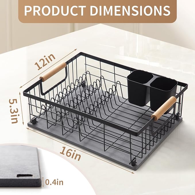 Dish Drying Rack with Stone Dish Drying Mat for Kitchen Counter, 16'' Lx 12''W Dish Drainer with Diatomaceous Earth Quick Dry Mat, Organization and Storage Essentials with Cup & Cutlery Holders