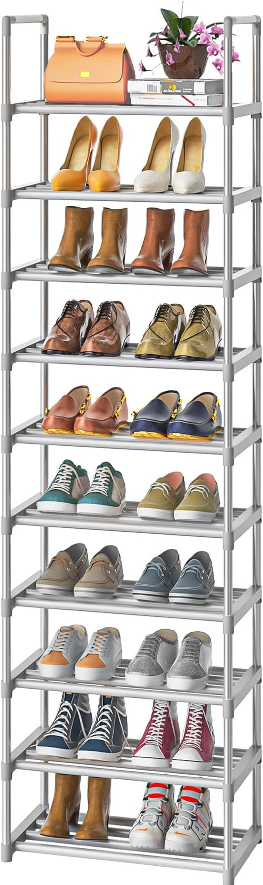 OYREL 10-Tier Metal Shoe Rack, Narrow Shoe Rack Organizer, Sturdy Shoe Shelf for Closets, Entryway, Bedroom, Garage - Silver | Closets, Entryway, Bedroom, Garage, Space Saving Tall Shoe Shelf, Free Standing Boot Storage Racks, Silver