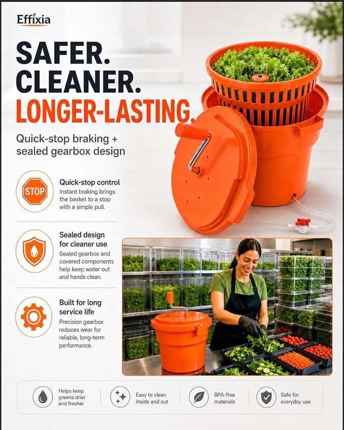 Commercial Salad Spinner - 6.5 Gallon Large Capacity Lettuce Dryer with 10 Ft Drain Hose & Stop Valve, 25Qt Manual Vegetable Spinner for Restaurants, Catering and Meal Prep