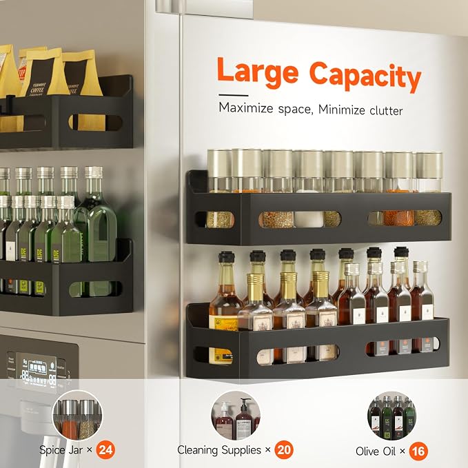 Sevenblue 6-Pack Magnetic Spice Rack for Refrigerator with Hooks, Black | Strong multipurpose magnetic shelf for kitchen & bathroom organization. Includes 4 removable hooks for hanging items.