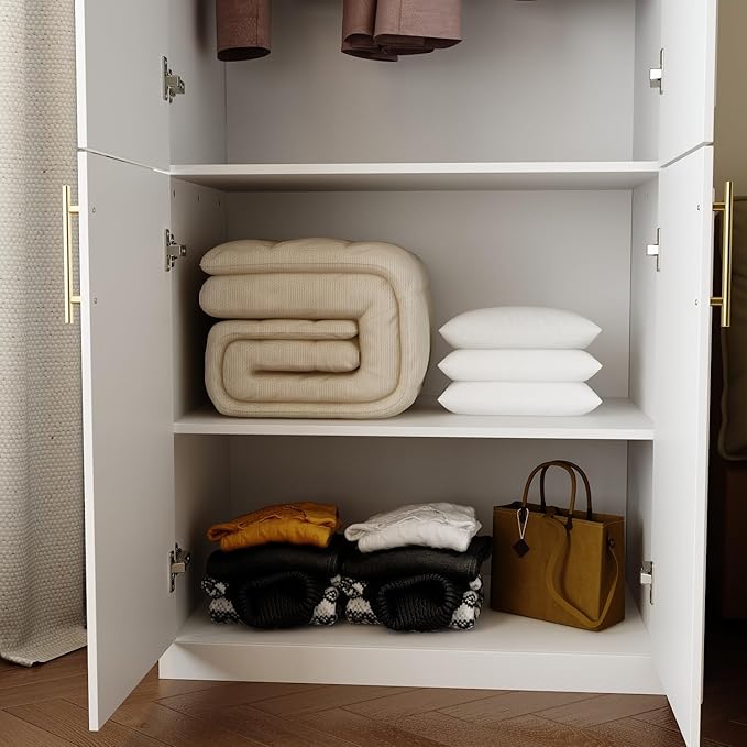 FUFU&GAGA Wardrobe Closet with 4 Doors, Modern White Bedroom Armoire with Gold Handles, Modern Clothes Storage Cabinet with Shelves, Hanging Rod for Cloakroom, 31.7”W x 19.3”D x 74.8”H