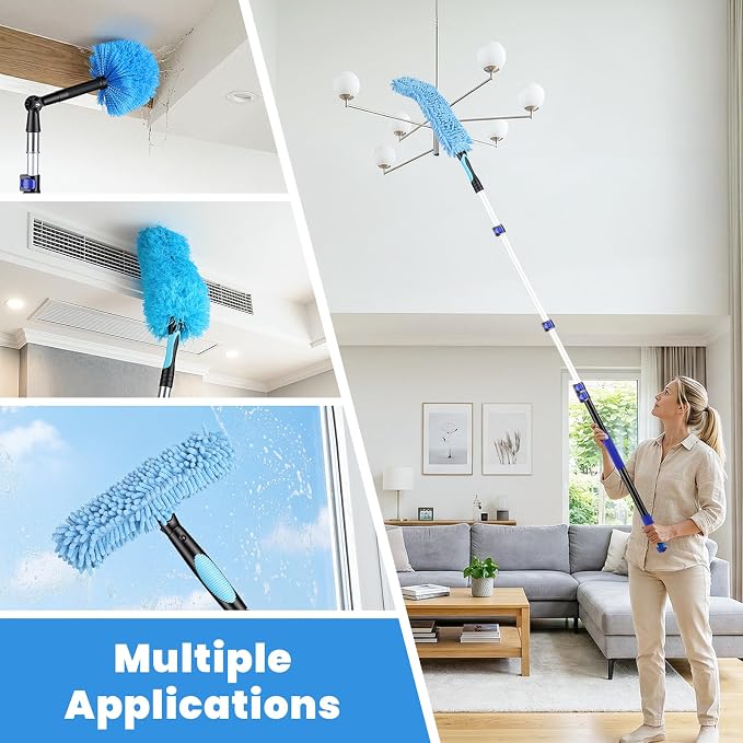 25ft High Reach Extendable Duster Kit with 4.5-18ft Extension Pole - Ceiling Fan Blade Cleaner, Spider Web Brush Cobweb Remover, Window Squeegee Kit with Telescoping Wand, Extended Extra Long Handle