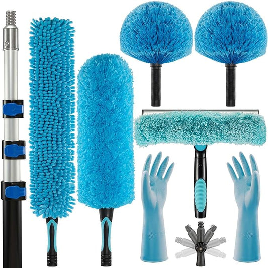 25ft 2 Cobweb Dusters, 18ft Extension Pole, High Ceiling Cleaning Tool | Fan Cleaner , 3-in-1 Window Squeegee Kit, Heavy Duty, Household Cleaning Gloves
