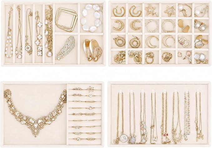 ProCase Stackable Jewelry Organizer Trays for Drawers, Jewelry Drawer Inserts Container Display Case Storage for Earring Necklace Rings Bracelet with Removable Dividers -Beige, 4 Layers