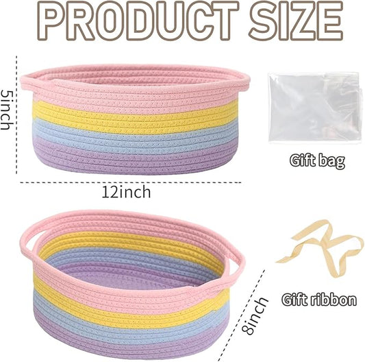 JMvicyroam Woven Basket,Small Rope Storage Bin with Handles & Ribbon Bag, Organizer for Shelves Closets,Gift Basket Empty for Birthday,Books,Dog Toys, Rainbow/2 Pack