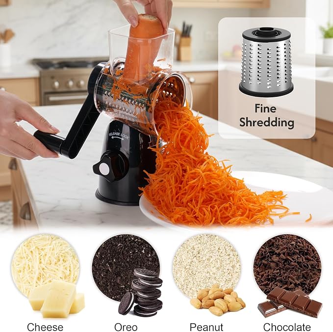 JIUMEXES Rotary Cheese Grater | Hand-Crank Design, 3 Interchangeable Blades, Suction Base, Stainless Steel