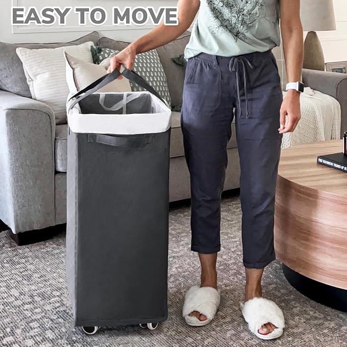 CHICVITA 100L Large Rolling Laundry Basket with Wheels & Wash Bag, Grey | Collapsible design saves space for corners and dorms. Removable wash bag for easy laundry transport