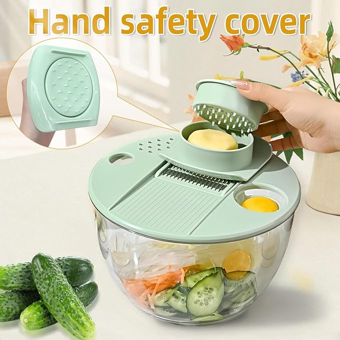 Large Capacity Multi-Function Salad Spinner with Quick Stop Button, Salad Spinner Stainless Steel, Salad Spinner Large, with 5 Blade Slicer Egg Yolk Strainer Shredder (White)
