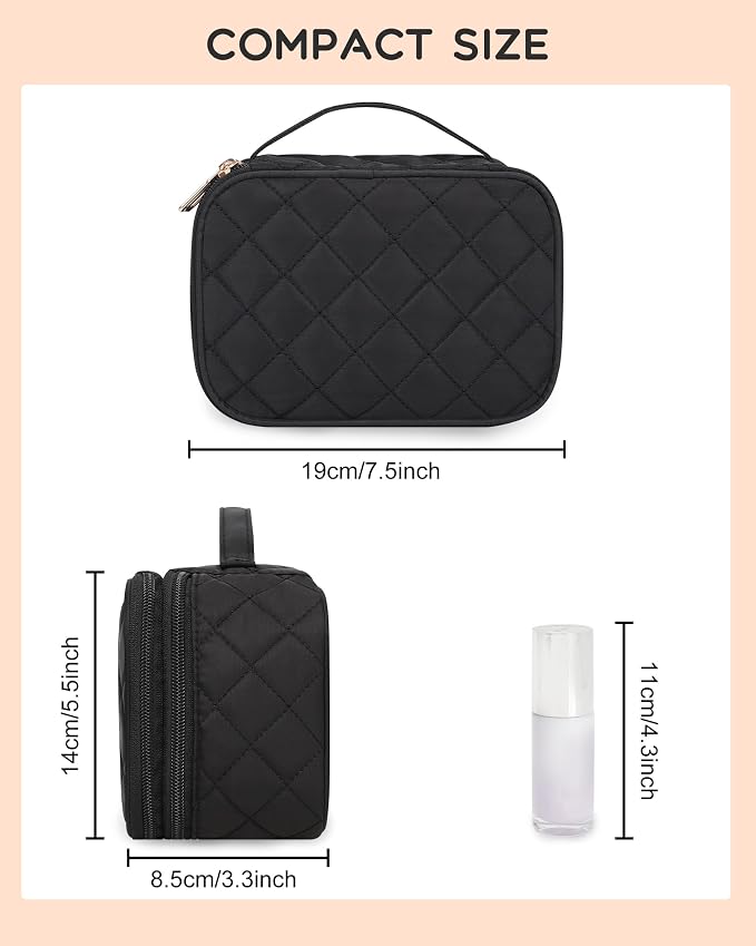 Relavel Small Makeup Bag, Travel Cosmetic Bag with Makeup Brush Compartment, Cute Make Up Pouch for Women, Double Layer Toiletry Organizer for Short Trip, Office - Black