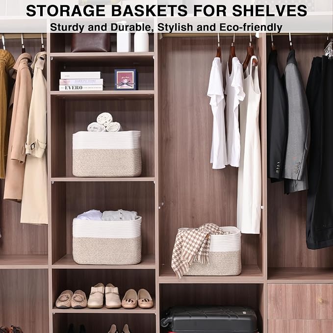 Storage Baskets for Organizing, Woven Storage Baskets for Shelves, Toy Storage Baskets for Kid's Room, Towel Baskets for Bathroom Nursery, 14.8"×11"×9.5", Pack of 3, Off White & Brown