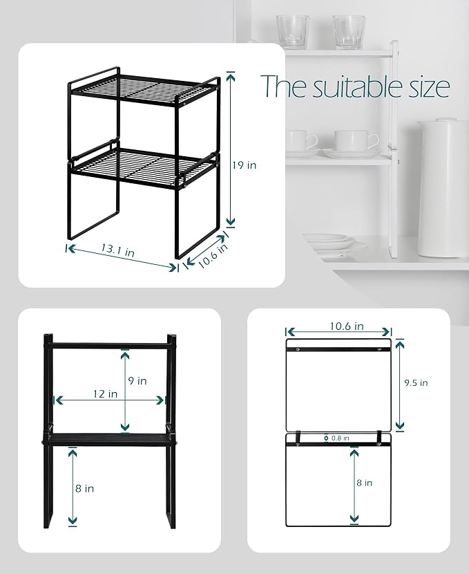 Shantton 2Pack Kitchen Cabinet Shelf Counter Organizer Rack Pantry Storage Bathroom Bedroom Office Table Desk Space Saving Stackable Rust Resistant Non Slip Black Tall Wide L13.1in W10.6in H9.5in