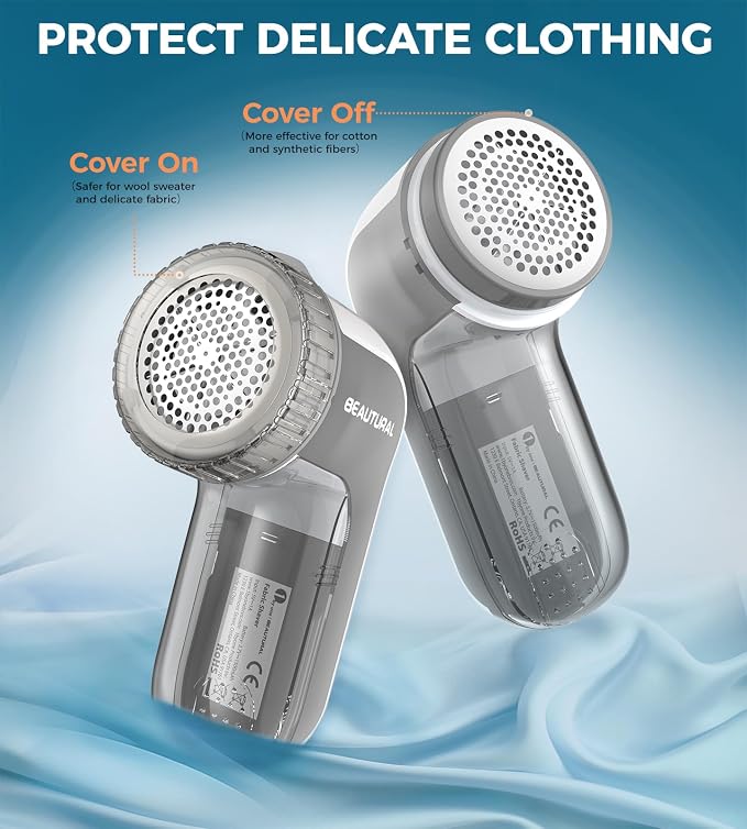 BEAUTURAL Fabric Shaver and Lint Remover, Portable Sweater Defuzzer | Rechargeable, 3 Speeds, 6 Leaf Blades, Digital LED Display, Remove Pilling for Clothes, Furniture, Couch, Blanket