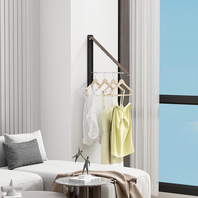 Folding Clothes Hanger Rack Wall mounted for Laundry Clothes Drying Rack | Foldable Hanger Rack Laundry Hanger Dryer Rack, Easy to Install, Closet Storage Organization, Space Saving Aluminium, Walnut