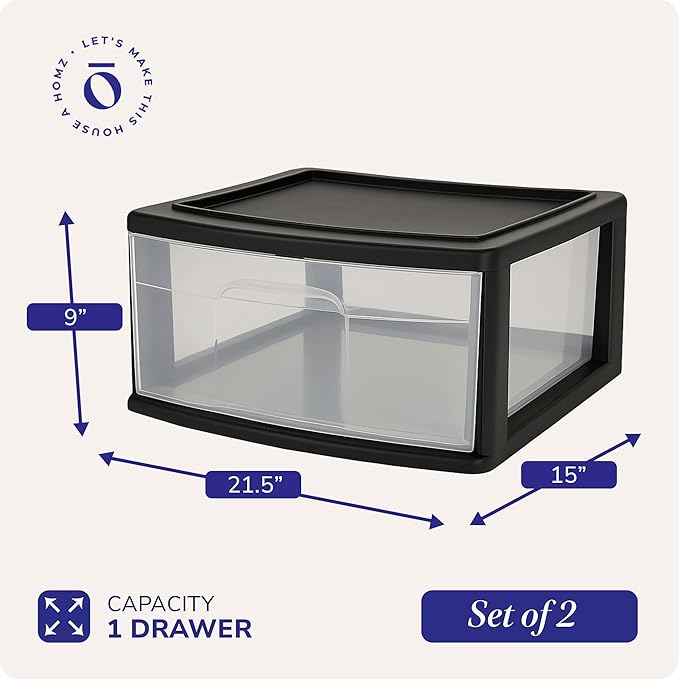 HOMZ 2-Pack 1-Drawer Storage Cart, Clear Plastic Container, 15" Wide Body, Black Frame - Organizing Drawer Containers for Home, Bathroom, Bedroom, Office, and Classroom