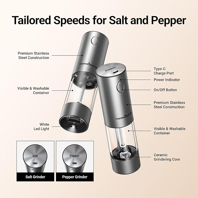 ThermoMaven Electric Salt and Pepper Grinder Set, 110ml Larger Rechargeable Automatic Salt and Pepper Mill Grinder with 6 Adjustable Coarseness, Electric Salt and Pepper Shakers, LED, Greige