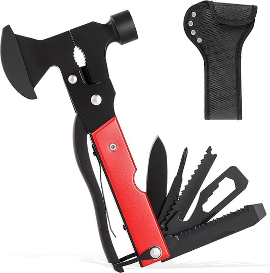 Leopcito 14-In-1 Multitool Camping Hammer - Survival Gear with Axe, Knife, Screwdriver, Pleirs, Saw, Bottle Opener and More -Portable Outdoor Tool Gift with Nylon Sheath for Men & Dad