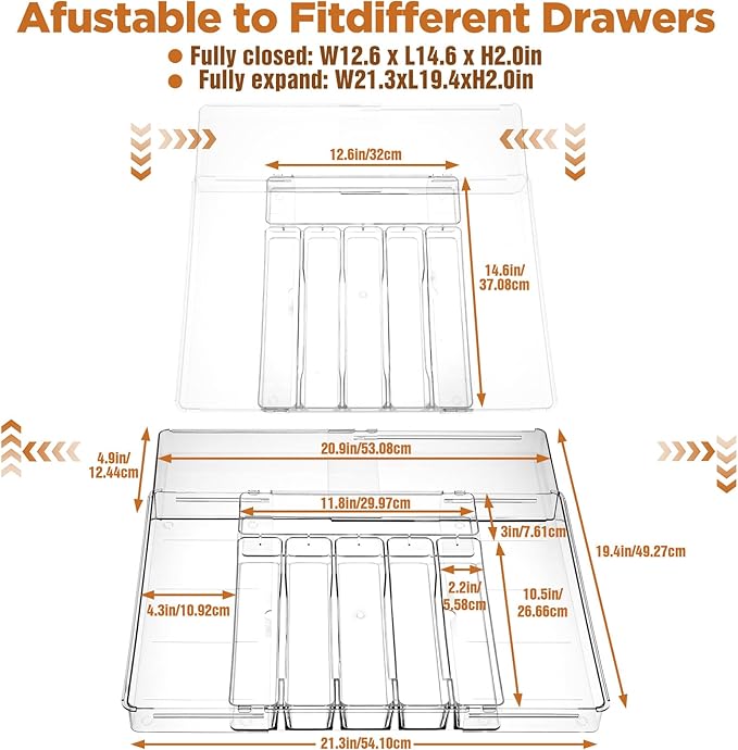 Expandable Utensil Drawer Organizer, Clear Plastic Silverware Tray for Drawers 9 Compartments Adjustable Non-Slip Drawer Storage Organizer for Tableware Knives Forks Spoons Tools Stationery