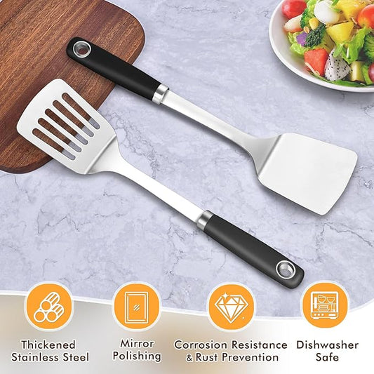 Stainless Steel Spatula, Metal Spatula Slotted Turner, Heavy Duty Sturdy Spatulas for Kitchen Use, High Heat Resistant Cooking Utensils for Fish Eggs Pancakes, Dishwasher Safe, Easy to Clean, Silver