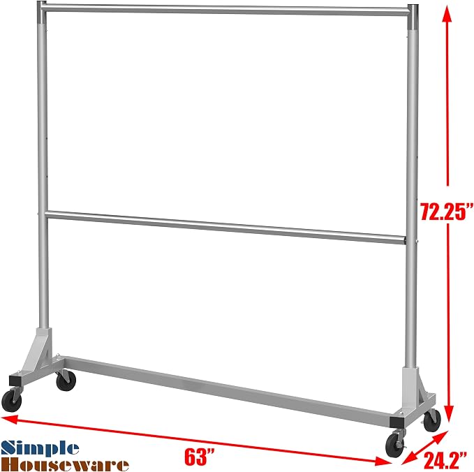 Simple Houseware Commercial Grade Z-Base Double Rod Garment Rack, 600lb Load, 63 inch, Silver