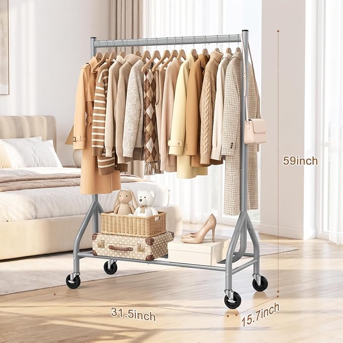 EAGMAK Heavy Duty Clothes Rack Load 268 LBS, 31.5 inch Hanging Rod, Grey | Metal Frame, Stable Base, Compact Size, Rolling Smooth, For Bedroom Closet Entryway Laundry Living Room Home Garage Storage