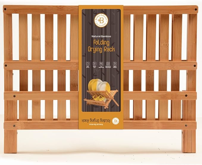 Bambüsi Collapsible Dish Drying Rack - 2 Tier Bamboo Dish Rack Dish Drainer for Kitchen Counter, Foldable Wooden Drying Rack for Plates Cups Bowls Utensils, No Assembly Folding Rack for Apartment, RV