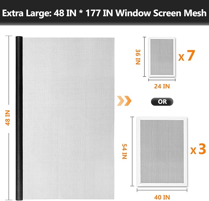 Secopad Window Screen Door Repair Kit, 48" x 177" Screen Door Mesh Replacement Kit, Durable Fiberglass Mesh Roll with Tools for Windows Doors Patio and Porch Replacement, Black (Pack of 2)
