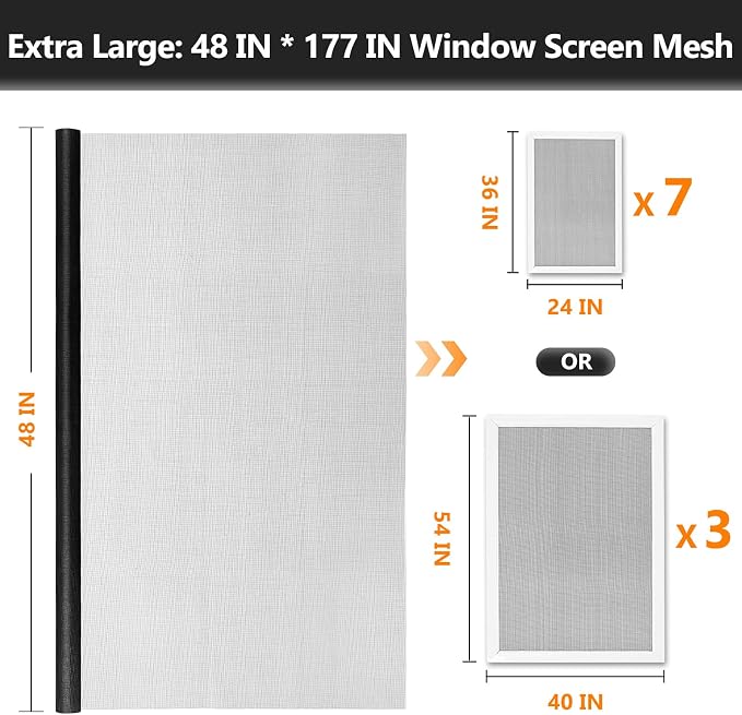 Secopad Window Screen and Screen Door Mesh Repair Kit, Black, 48in x 177in | Replacement Tools Kit, Easy to Install, Extra Large, Durable Fiberglass, Pet and Kid Friendly, For Window Door Patio & Porch
