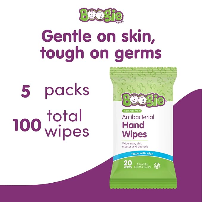 Boogie Antibacterial Hand Wipes - 100 Count - Hypoallergenic & Alcohol-Free - Travel and Diaper Bag Essential