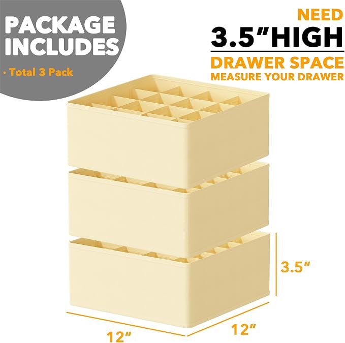 SpaceAid Sock Drawer Organizer Divider 3 Pack, 64 Cell Dresser Closet Nursery Underwear Organizers Storage Bins for Organizing Socks Underwear Ties Belts (Beige)
