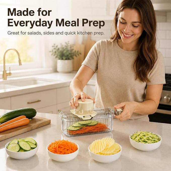 Mandoline Slicer, Vegetable Cutter, Container, Glove & Guard, 5-Blade | Five interchangeable inserts deliver 1.5mm sheets, 3mm and 5mm julienne, wavy edges, plus grated textures for varied recipes.