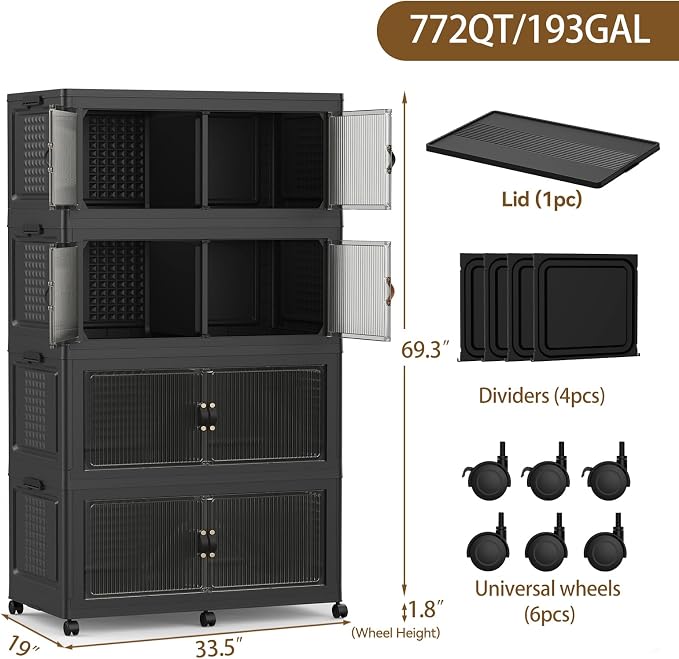 SAILUN 190Gal/760Qt Stackable Storage Bins Folding Collapsible Storage Bins with Lid, Closet Organizers and Storage Box with Door Black 33.5" W x 19" D x 69" H