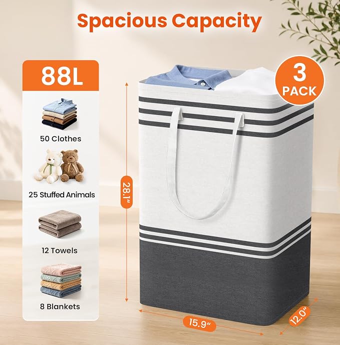 TranquilRelax 3-Pack Laundry Basket, Laundry Hamper, Grey-88L | Freestanding＆Water-Resistant Laundry Hamper, Collapsible Tall Clothes Hamper with Carry Handles for Clothes, Laundry Basket