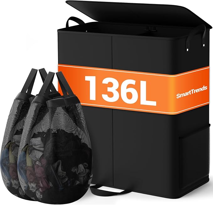 136L 2 Section Laundry Hamper with Lid, Laundry Basket, Black | Large Laundry Hampers with Reinforced Handles & Removable Bags, Tall Dirty Clothes Hamper for Laundry Room, Bedroom, Bathroom