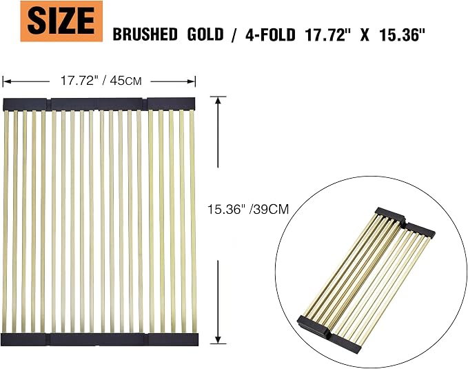 Foldable Over Sink Dish Drying Rack, 304 Stainless Steel Kitchen Drain Rack for Tableware, Detachable Silicone Edge, Rectangular Tubing (Brushed Gold, 4 Fold 17.72" x 15.36")