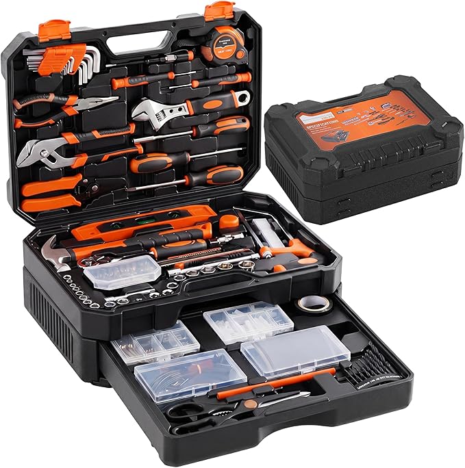 OLIXIS 330 Piece Home Repair Tool Kit with Pull-Out Drawer, Carbon & Cr-V Steel Tool Box, Complete Homeowners Repair Kit for DIY & Auto Maintenance for Home, Black-Yellow