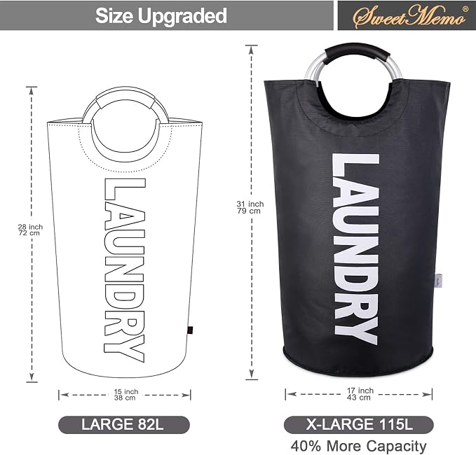 Large Laundry Basket, Laundry Hamper Bag with Handles, 115L Black | Freestanding Tall Dirty Clothes Hamper, Collapsible and Portable Laundry Bin for Dorms and Bedrooms, Thick, Sturdy Fabric