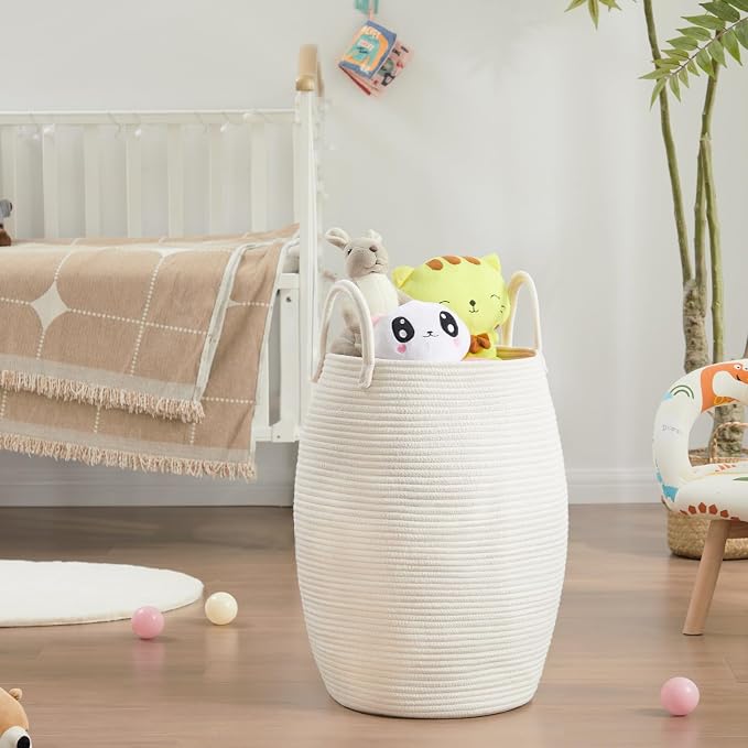 Large Laundry Hamper Basket 65L Woven Blanket Basket, Beige | Tall Clothes Hamper, Rope Wicker Laundry Basket, Storage Basket for Toys, Dirty Cothes in Bedroom, Living Room Organizer
