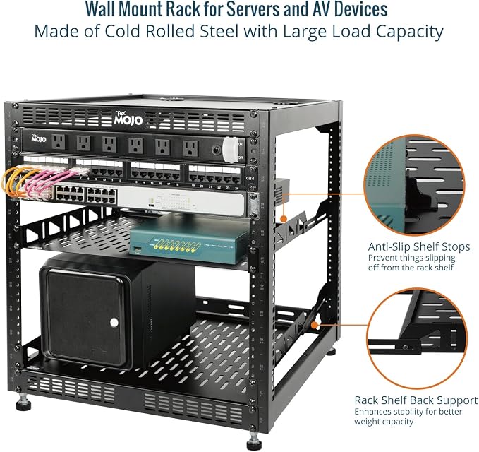 Tecmojo 12U Open Frame Network Rack for IT & AV Gear, AV Rack Floor Standing or Wall Mounted,with 2 PCS 1U Rack Shelves & Mounting Hardware,Network Rack for 19" Networking,Audio and Video Device