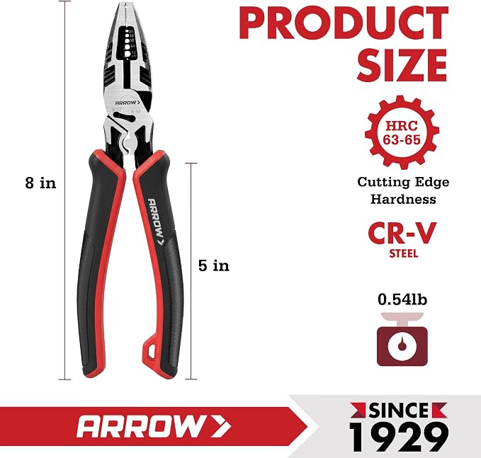 ARROW 6-in-1 Linemans Pliers, 8" Multipurpose Linesman Pliers, Side Cutters | Premium CRV Steel, Combination Pliers, For Wire Cutting, Gripping, Crimping, Stripping