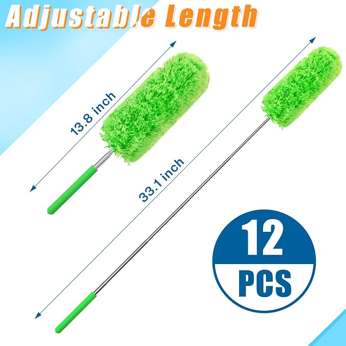 Tanlade 12 Pcs Microfiber Feather Duster for Cleaning, Extendable 13-31 Inch Ceiling Fan Duster with Bendable Head, Washable Tools for Ceiling Fans, Furniture, Car, Cobwebs (Green)