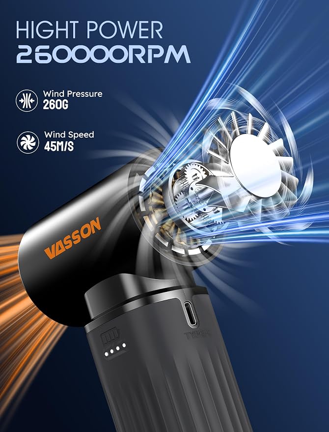 VASSON Compressed air Duster High-Speed Brushless Motor, 3-Speed Adjustable | 5 different nozzles Type-C fast charging Powerful Dust Cleaner for Keyboard, Computer, Car, Outdoor, Air Bed