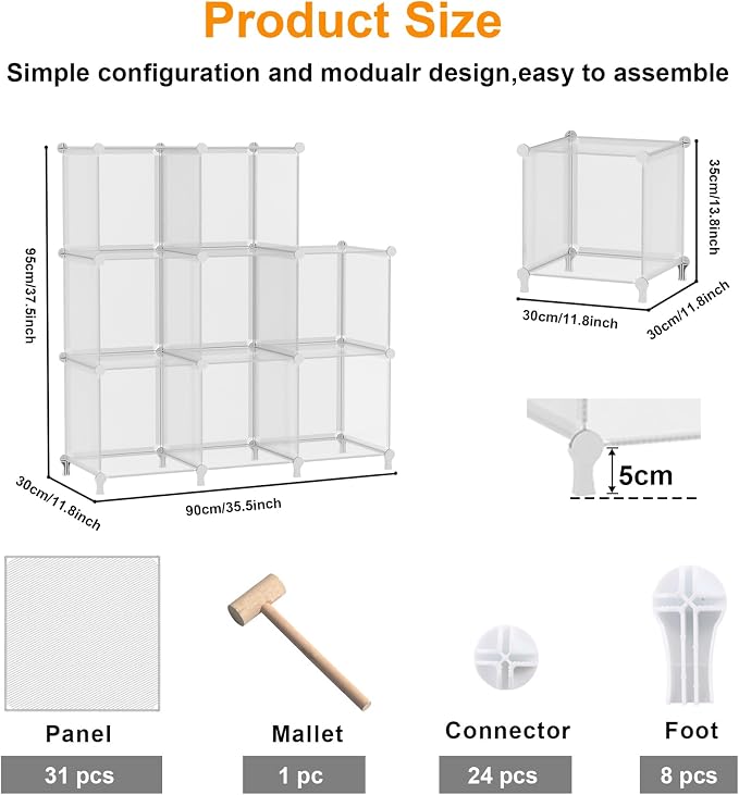 AWTATOS 8 Cube Storage Organizer, Closet Organizer Storage Shelf, Clear | DIY Stackable Storage Cubes Shelves for Closet, Bookcase Bookshelf, Plastic Shelving for Bedroom, Home Office